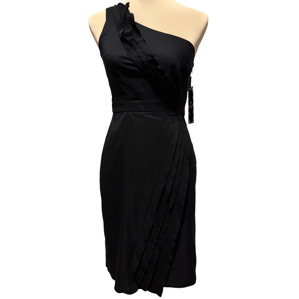 Suzi Chin for Maggy Boutique Dress Women 2 Black One Shoulder Pleated Ruffle LBD